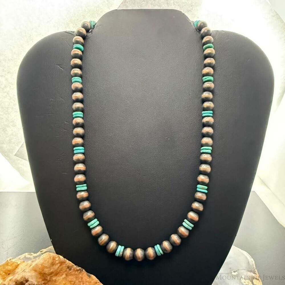 Southwestern Style Copper 8mm Navajo Pearl Beades &Turquoise Disk Necklace
